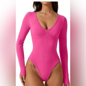 Women's Vibrant Pink Long Sleeve Bodysuit Sexy V-Neck Bodycon Stretch Tops XS